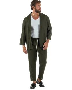 Coordinato uomo completo lino giacca kimono verde GIOSAL-OU2565A