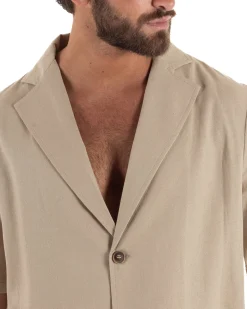 Coordinato uomo completo lino camicia maniche corte pantaloni relaxed fit beige GIOSAL-OU2557A