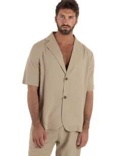 Coordinato uomo completo lino camicia maniche corte pantaloni relaxed fit beige GIOSAL-OU2557A