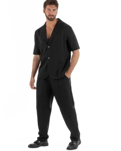 Coordinato uomo completo lino camicia maniche corte pantaloni relaxed fit nero GIOSAL-OU2556A