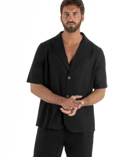 Coordinato uomo completo lino camicia maniche corte pantaloni relaxed fit nero GIOSAL-OU2556A