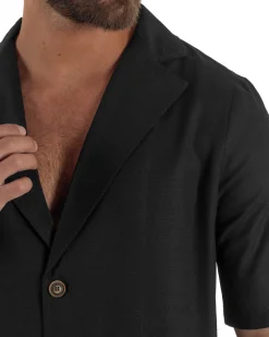 Coordinato uomo completo lino camicia maniche corte pantaloni relaxed fit nero GIOSAL-OU2556A