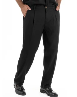Coordinato uomo completo lino camicia maniche corte pantaloni relaxed fit nero GIOSAL-OU2556A