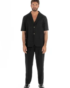 Coordinato uomo completo lino camicia maniche corte pantaloni relaxed fit nero GIOSAL-OU2556A
