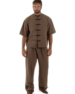 Coordinato uomo completo relaxed camicia coreana orientale pantaloni con coulisse marrone GIOSAL-OU2563A