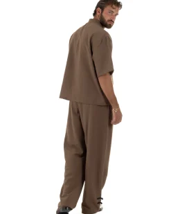 Coordinato uomo completo relaxed camicia coreana orientale pantaloni con coulisse marrone GIOSAL-OU2563A