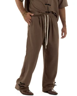 Coordinato uomo completo relaxed camicia coreana orientale pantaloni con coulisse marrone GIOSAL-OU2563A