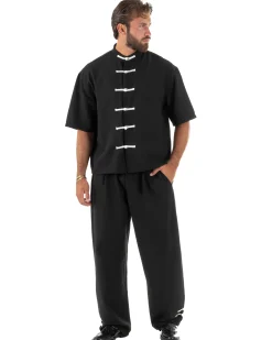 Coordinato uomo completo relaxed camicia coreana orientale pantaloni con coulisse nero GIOSAL-OU2562A