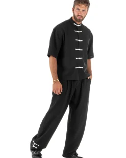 Coordinato uomo completo relaxed camicia coreana orientale pantaloni con coulisse nero GIOSAL-OU2562A