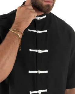 Coordinato uomo completo relaxed camicia coreana orientale pantaloni con coulisse nero GIOSAL-OU2562A