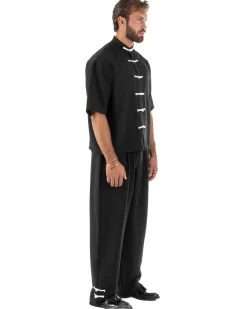 Coordinato uomo completo relaxed camicia coreana orientale pantaloni con coulisse nero GIOSAL-OU2562A