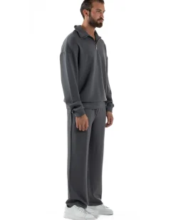 Coordinato Uomo Tuta Felpa Con Colletto Zip Pantaloni Baggy Relaxed Fit Piombo OU2539A