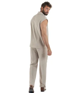Coordinato uomo viscosa camicia giromanica pantaloni coulisse beige GIOSAL-OU2555A