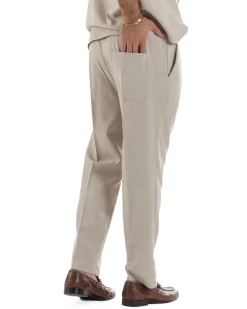 Coordinato uomo viscosa camicia giromanica pantaloni coulisse beige GIOSAL-OU2555A