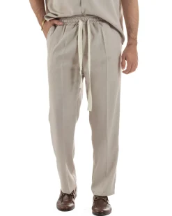 Coordinato uomo viscosa camicia giromanica pantaloni coulisse beige GIOSAL-OU2555A