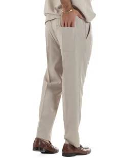 Coordinato uomo viscosa camicia giromanica pantaloni coulisse beige GIOSAL-OU2555A