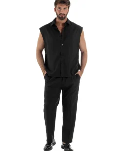 Coordinato uomo viscosa camicia giromanica pantaloni coulisse nero GIOSAL-OU2554A