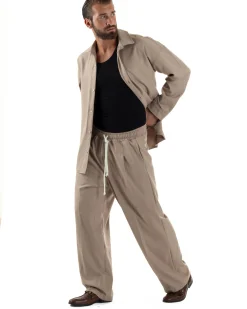 Coordinato Uomo Viscosa Camicia Pantaloni Baggy Casual Beige OU2537A