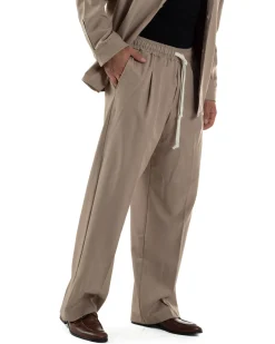 Coordinato Uomo Viscosa Camicia Pantaloni Baggy Casual Beige OU2537A