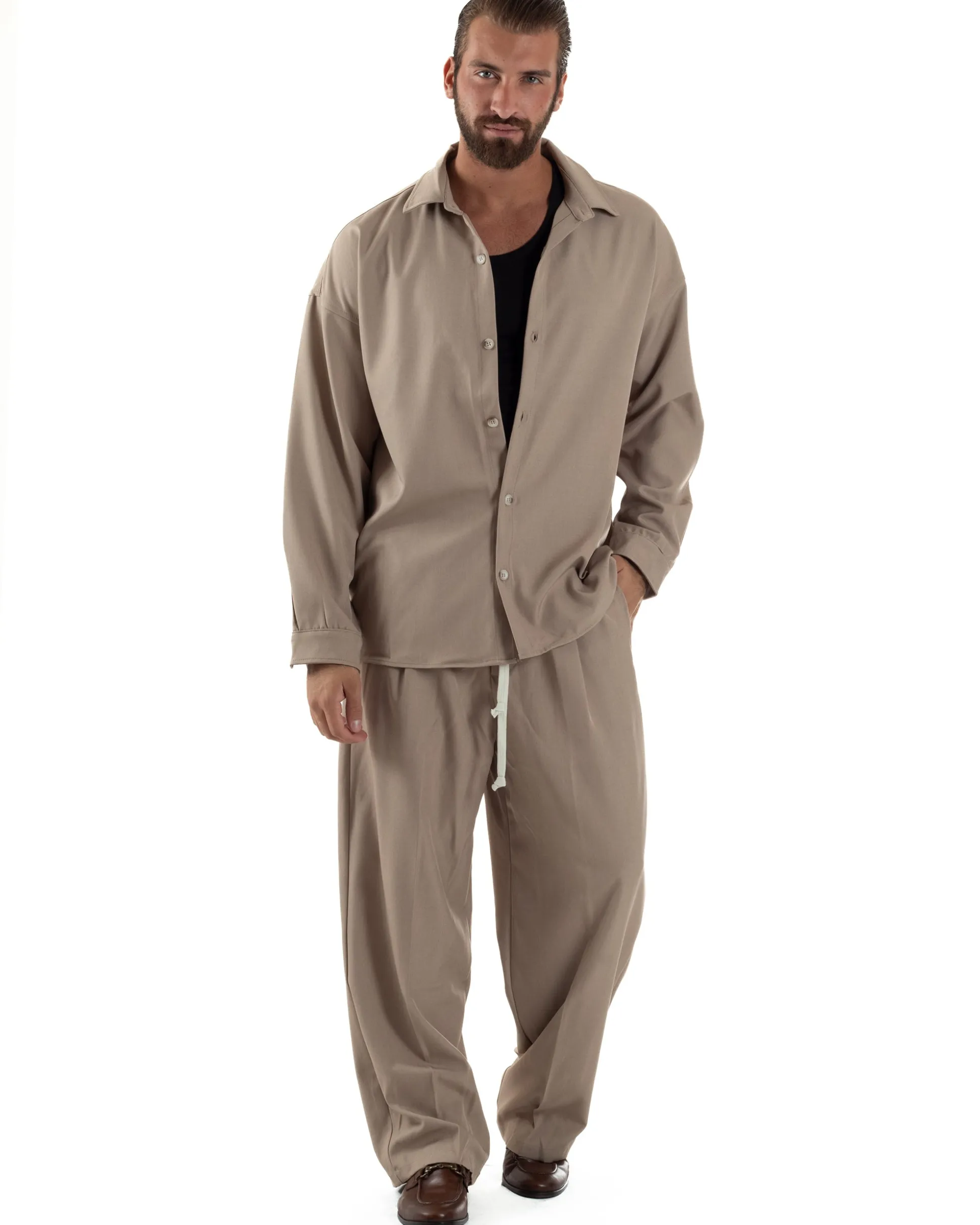 Coordinato Uomo Viscosa Camicia Pantaloni Baggy Casual Beige OU2537A