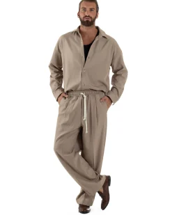 Coordinato Uomo Viscosa Camicia Pantaloni Baggy Casual Beige OU2537A