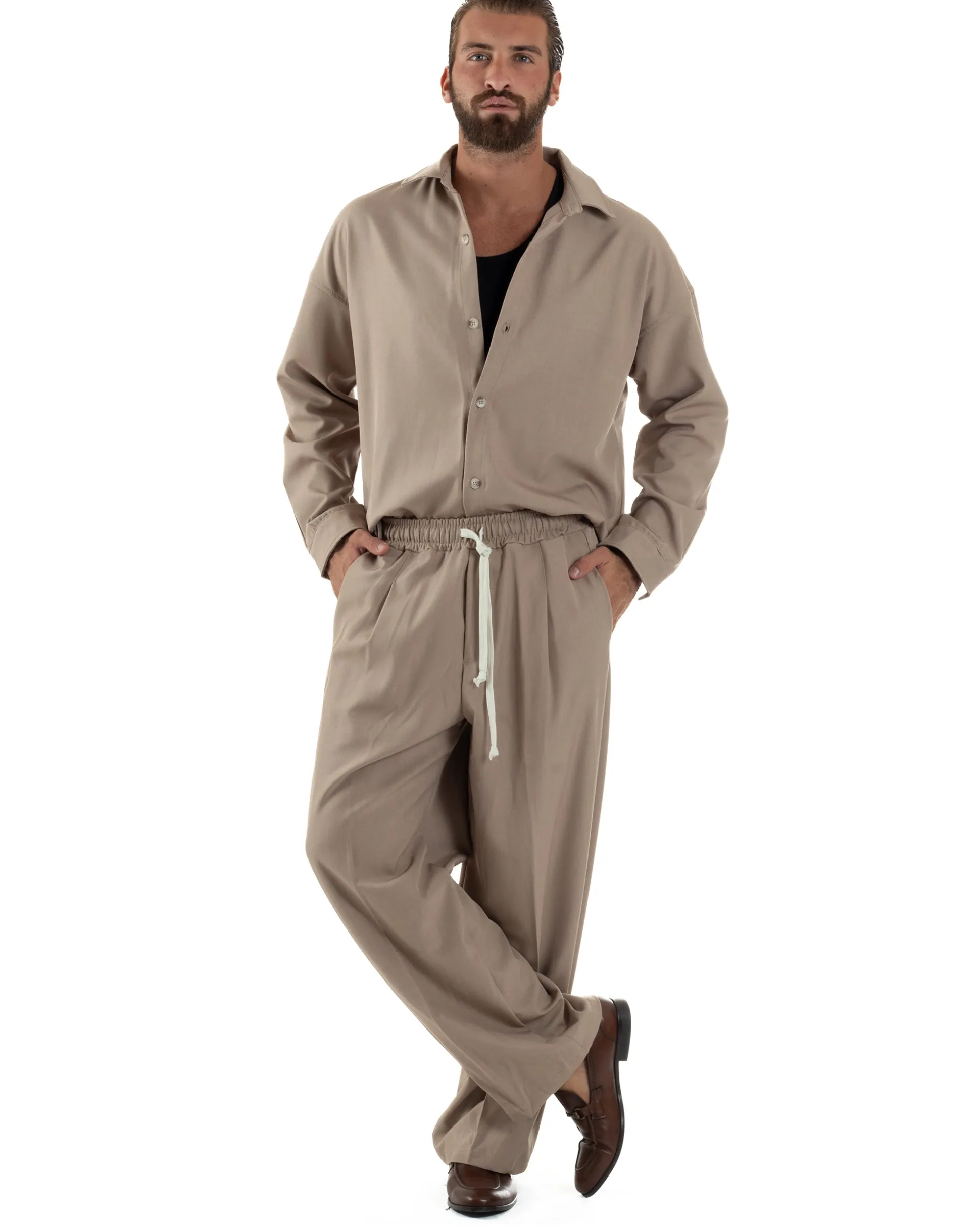 Coordinato Uomo Viscosa Camicia Pantaloni Baggy Casual Beige OU2537A