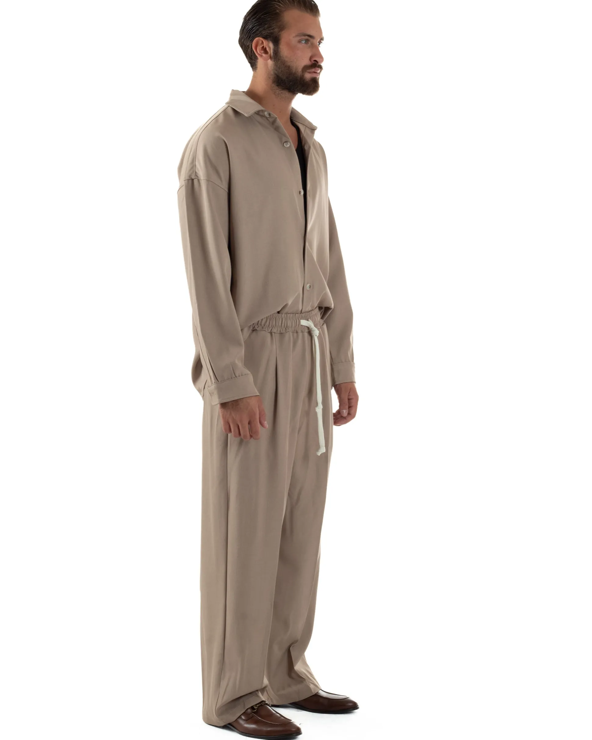 Coordinato Uomo Viscosa Camicia Pantaloni Baggy Casual Beige OU2537A