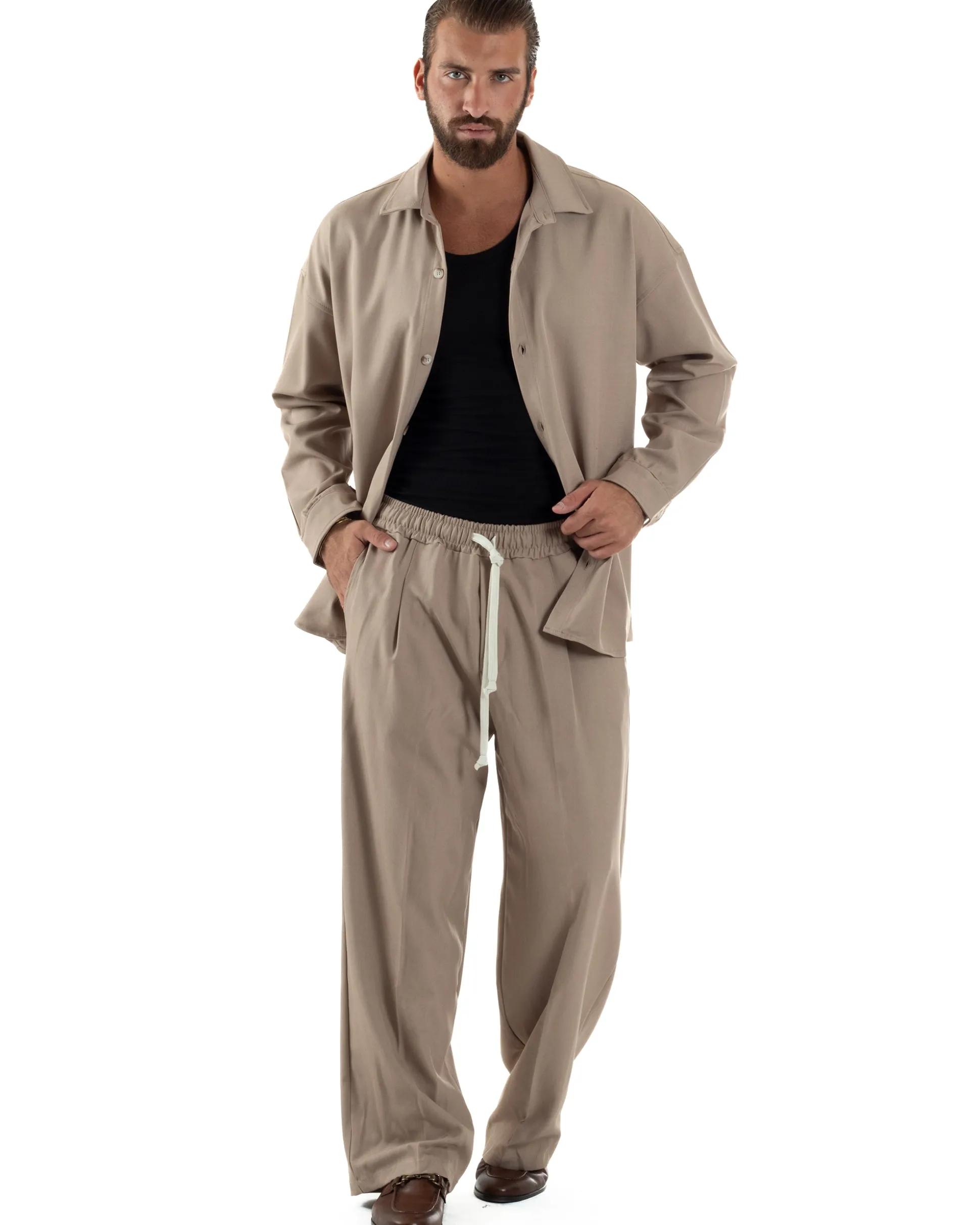 Coordinato Uomo Viscosa Camicia Pantaloni Baggy Casual Beige OU2537A