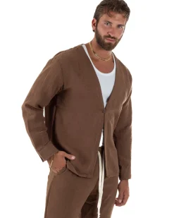Coordinato viscosa fiammato giacca coreana scollo v pantaloni baggy marrone GIOSAL-OU2571A