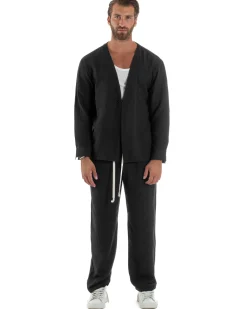 Coordinato viscosa fiammato giacca coreana scollo v pantaloni baggy nero GIOSAL-OU2561A