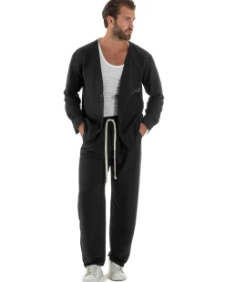 Coordinato viscosa fiammato giacca coreana scollo v pantaloni baggy nero GIOSAL-OU2561A
