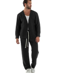 Coordinato viscosa fiammato giacca coreana scollo v pantaloni baggy nero GIOSAL-OU2561A