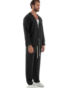 Coordinato viscosa fiammato giacca coreana scollo v pantaloni baggy nero GIOSAL-OU2561A