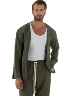 Coordinato viscosa fiammato giacca coreana scollo v pantaloni baggy verde GIOSAL-OU2527A