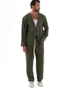 Coordinato viscosa fiammato giacca coreana scollo v pantaloni baggy verde GIOSAL-OU2527A