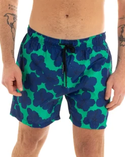 Costume Da Bagno Uomo Boxer Verde Fantasia Fiori Blu Elastico GIOSAL-SU1141A