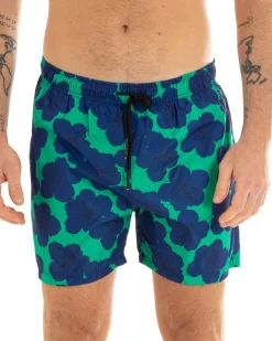Costume Da Bagno Uomo Boxer Verde Fantasia Fiori Blu Elastico GIOSAL-SU1141A