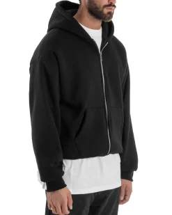 Felpa Boxy Fit Cappuccio E Zip Basic Felpata Nero F3061A