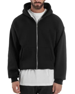 Felpa Boxy Fit Cappuccio E Zip Basic Felpata Nero F3061A