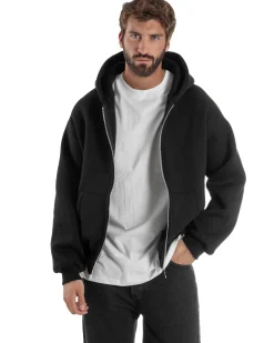 Felpa Boxy Fit Cappuccio E Zip Basic Felpata Nero F3061A