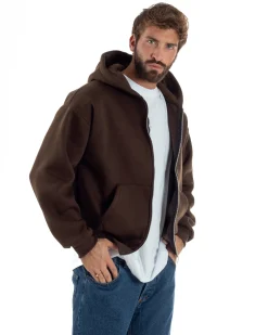 Felpa Boxy Fit Cappuccio E Zip Basic Felpata Marrone F3064A