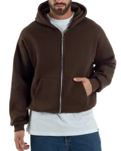 Felpa Boxy Fit Cappuccio E Zip Basic Felpata Marrone F3064A