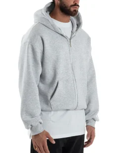 Felpa Boxy Fit Cappuccio E Zip Basic Felpata Grigio Chiaro F3059A
