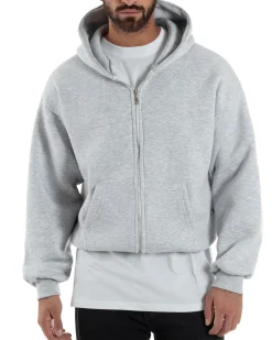 Felpa Boxy Fit Cappuccio E Zip Basic Felpata Grigio Chiaro F3059A