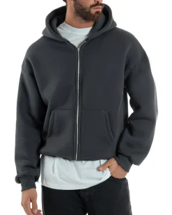 Felpa Boxy Fit Cappuccio E Zip Basic Felpata Piombo F3060A