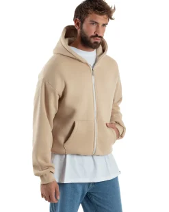 Felpa Boxy Fit Cappuccio E Zip Basic Felpata Beige F3062A