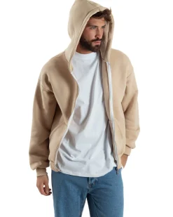 Felpa Boxy Fit Cappuccio E Zip Basic Felpata Beige F3062A