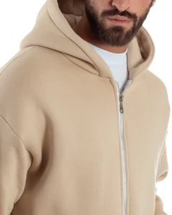 Felpa Boxy Fit Cappuccio E Zip Basic Felpata Beige F3062A