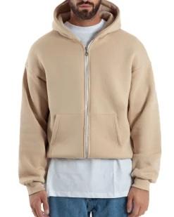 Felpa Boxy Fit Cappuccio E Zip Basic Felpata Beige F3062A