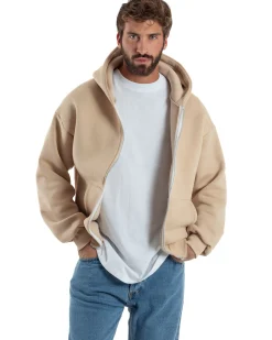 Felpa Boxy Fit Cappuccio E Zip Basic Felpata Beige F3062A